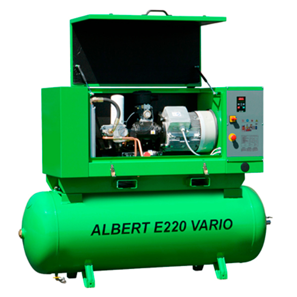 Винтовой компрессор Atmos Albert E220-7 Vario-KRD с частотным преобразователем в кожухе на ресивере с осушителем